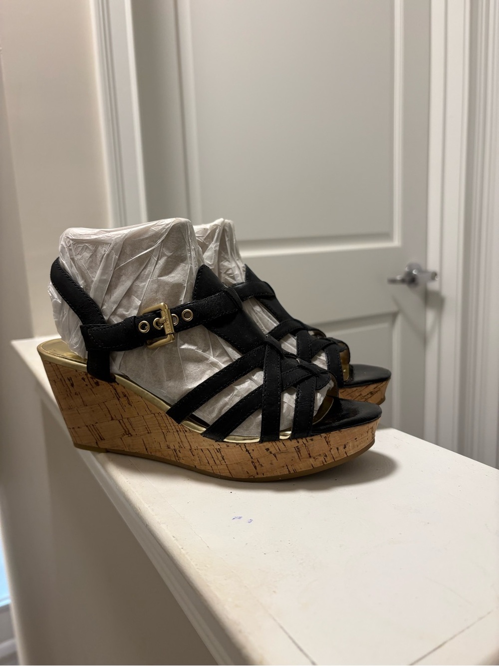 MICHAEL Michael Kors Black Strappy Cork Wedge Sandals